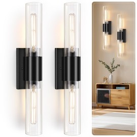 XIFEINIU Wall Sconces Set of Two - Black Bathroom Sconces Wall Lighting with Clear Glass Wall Lighting Fixtures Mounted Lamps for Bedroom, Bathroom, Living Room, Hallway (Black Clear)