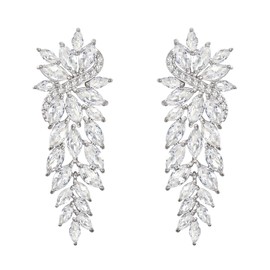 Clearine Bridal Drop Marquise Cluster Long Stud Earrings for Women Clear Silver Tone, Cubic Zirconia
