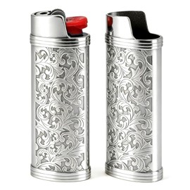 Ciomszan 2pcs Metal Lighter Case Cover Holder with Vintage Floral Pattern, Silver Finish, Compatible with BIC Full Size J6 Lighters (Silver)