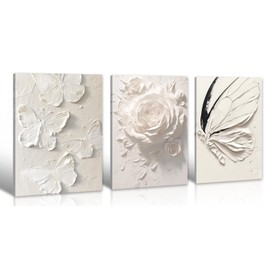 JiazuGo White Butterfly Wall Decor - Modren Butterfly Flower Nursery Canvas Wall Art Contemporary Abstract Art Oil Painting Prints Bathroom Bedroom Home Decorations 12" X 16" X 3 Pieces