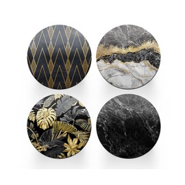 4 x Round Art Deco Coasters - Gold Black Abstract Set Theme Women House Warming Circle Drinks Kitchen Table Decoration Décor Gift #77901