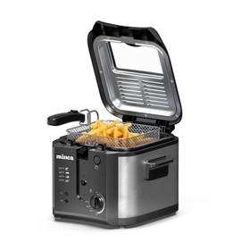 minca 1500W Electric Deep Fryer, 2.5 Liter Immersion Frying Basket with Heat-insulated Foldable Handle, Removable Lid with Odor Filter and Viewing Window, Adjustable Temperature, Stainless Steel
