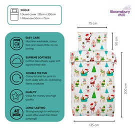 Bloomsbury Mill - Kids Christmas Bedding Single - Christmas Duvet Set for Boys & Girls Single Bed - Childrens Winter Xmas Duvet Cover and Pillow Case Set - 135x200cm - White