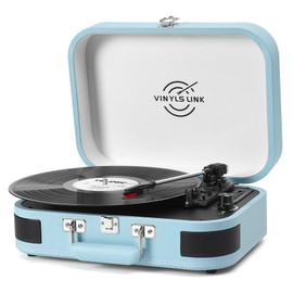 VINYLS LINK Vinyl Record Player 3 Speed ​​Bluetooth Turntable Belt Drive LP Play Portable Suitcase Record Player Built-in Speaker with EQ Mode USB Recording RCA Output/AUX Input Headphone Jack Blue
