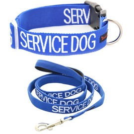 SERVICE DOG (Do Not Disturb/Dog Is Working) Blue Colour Coded S-M L-XL Dog Collar and 60cm 1.2m 1.8m Luxury Neoprene Padded Handle Lead Sets PREVENTS Accidents By Warning Others Of Your Dog In Advance (L-XL & 1.8m)