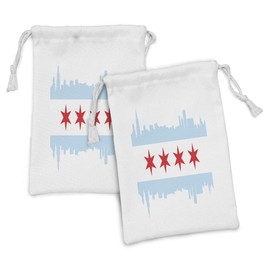 Ambesonne Chicago Skyline Fabric Pouch Set of 2, City Flag High Rise Buildings Scenery National, Small Drawstring Bag for Toiletries Masks and Favors, 9" x 6", Pale Blue White Red