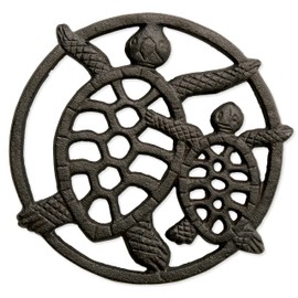 GASARÉ, Cast Iron Trivet for Hot Dishes, Pots, and Pans, Metal Trivet, 2 Turtle Design, Rubber Feet Caps, Ring Hanger, 8.75 Inches, Brown, 1 Unit
