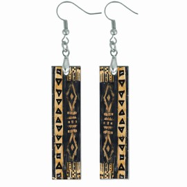 the fun things African Mud Cloth Print Bar Earrings NO TARNISH Wood Dangle Handcrafted
