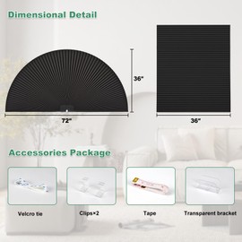 Tonature Arch Window Shades Half Circle Blackout Cellular Shades Cordless No Drill for Windows Half Moon Honeycomb Fabric No Tools Honeycomb Shades Easy Install (Black-Blackout 36" X 72")