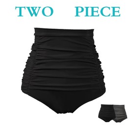 COCOPEAR - Bikini de cintura alta fruncida para mujer, estilo retro, estilo clásico, Negro+negro mate, M