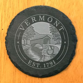 Vermont Covered Bridge Slate Coasters Set of 6 - Rustic Red Bridge River Scene with Fall Trees and Maple Syrup - Vintage Style New England Farmhouse Decor - Made in USA Gift Set