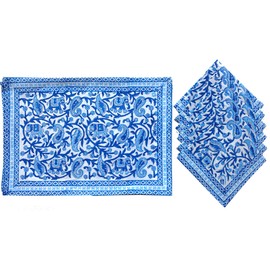 Rastogi Handicrafts Set of 6 100% Cotton Indian Style Placemats and Napkins (Blue 2)