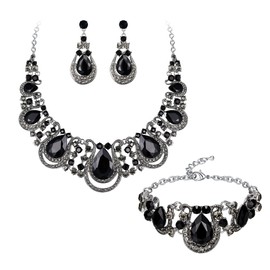 Clearine Teardrop Statement Jewellery Set Crystal Necklace and Cluster Hollow Earrings Bracelet Set for Wedding Bride Bridesmaid Iridesmaid AB Colour Silver Tone, Alloy Steel Crystal Alloy steel,