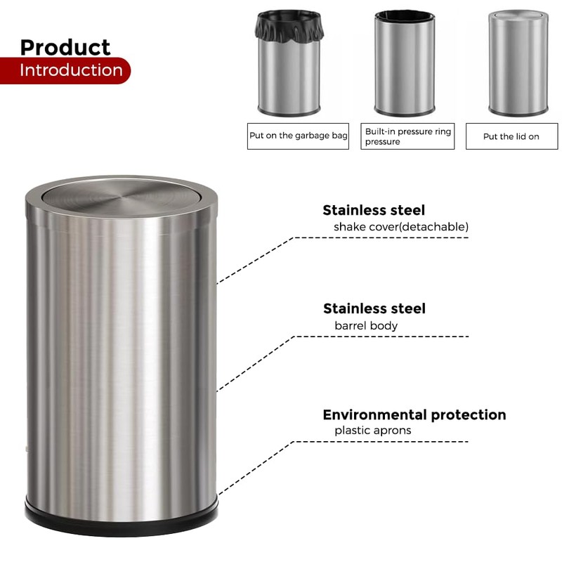 LEASYLIFE 4.8GALStainless Steel Bathroom Trash Can with Lid, Silver Trash