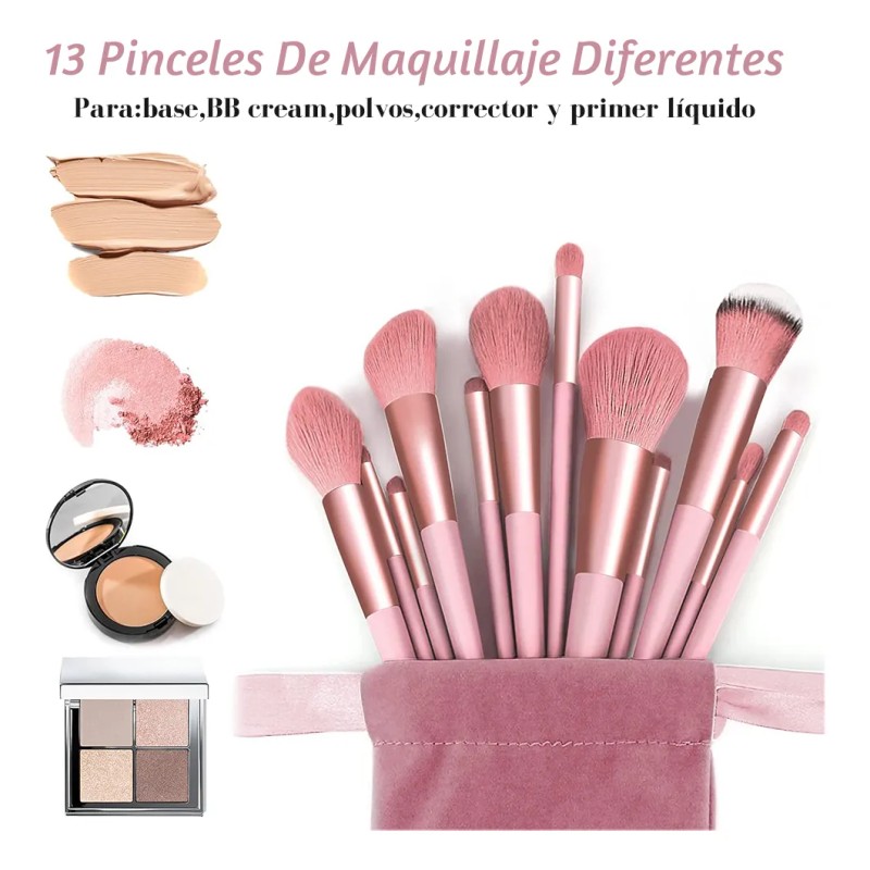 13 Piezas Brochas Maquillaje Y 3 Esponja Para Maquillaje Rosa