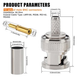 KUOQIY 15 PCS BNC Male Crimp-on Connector for RG58 RG142 RG400 LMR195 Coaxial Cable, Male BNC Plug Crimp Connector Kits for CCTV Camera Connection, Including Connector, Pin, Ferrule