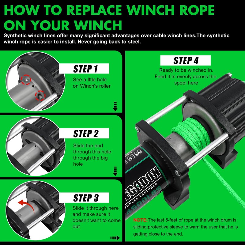 STEGODON Synthetic Winch Rope, 1/4'' x 50ft 10,000LBS Synthetic Winch