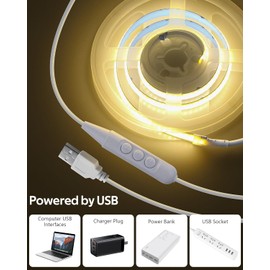 Aclorol DC 5V USB COB LED Strip Light 1.64FT/0.5M Dimmable LED Strip Light 3000K Warm White with 1.5M Long Power Cable Flexible for Bedroom Bedframe Headboard Kitchen Home DIY Lighting 320LEDs/M