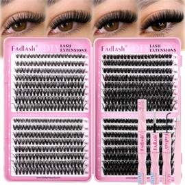 FADLASH Lash Clusters Kit 640PCS Natural Eyelash Clusters Individual D Curl Cluster Eyelash Extensions 8-16mm with Lash Bond and Seal Lash Tweezer for Beginners DIY at Home (30D+40D+50D+60D, 8-16mm)