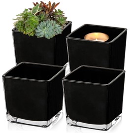 Square Glass Vase, 5" x 5" Black Cube Glass Vases Floral Planter Centerpiece for Home Party Event Wedding, Candle Holder, Set of 4