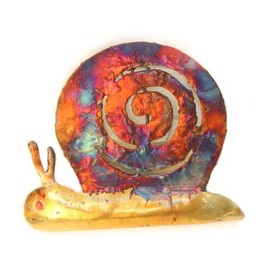 Snail multi-coloured recycled metal wall hanging, height 10cm - fair trade and hand made from copper and tin for Tumi in Mexico