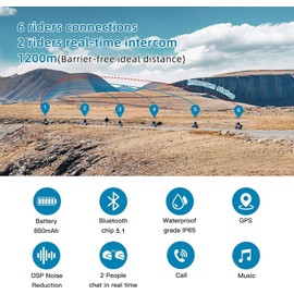 Motorbike Bluetooth Intercom, Vnetphone V6 1200m Motorcycle Bluetooth Headsets 6 Riders Communication System with Waterproof, GPS, DSP Noise Reduction(1 Pack)