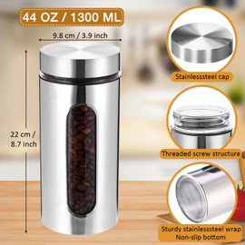 Mimorou 3 Pcs Stainless Steel Canister Set with Glass Windows Visible Storage Jars Silver Kitchen Canister Set for Pasta Flour Oat Sugar Container, Kitchen Tools, Housewarming Gifts(44 oz)