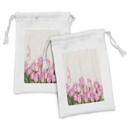 Ambesonne Rustic Fabric Pouch Set of 2, Blossoming Rose Bouquet on Pastel Toned Planks Vintage Style Arrangement, Small Drawstring Bag for Toiletries Masks and Favors, 9" x 6", Pink Beige and Green