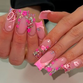 Press on Nails Long Square Fake Nails Rhinestones Full Cover Tip Glitter Stick on Nails Pink Flower with Lip Heart Design Acrylic Nails Water Ripple French Full Cover Artificial Nails for Women 24Pcs