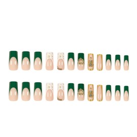 Medium Press on Nails Square Shaped Fake Nails with French Tip Designs Rhinestone Green Cute False Nails Heart Rose Glue on Nails Full Cover Stick on Nails for Women Girls 24Pcs