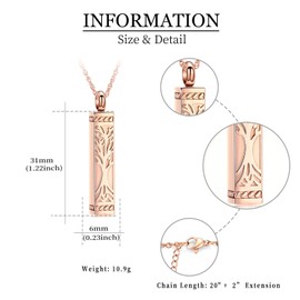 shajwo Tree of Life Urn Necklaces for Ashes for Women Men Cube Bar Cremation Jewelry for Ashes Memorial Human Ashes Pendant,Rose Gold