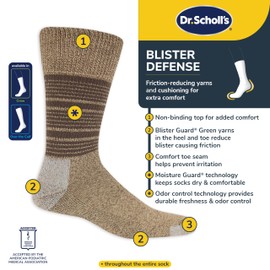 Dr. Scholl's Men's Advanced Relief Blisterguard Socks - 2 & 3 Pair Packs - Non-Binding Cushioned Moisture Management, Brown Stripe, 7-12