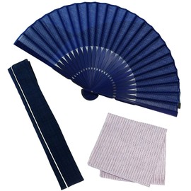 Osaka Choseido Folding Fan, Men's, Stylish, Business, Folding Bag, Handkerchief Included, Set with Handkerchief, navy