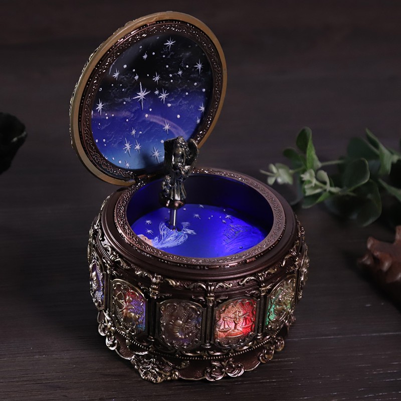Vintage Music Box with 12 Constellations Rotating Goddess Twinkling LED