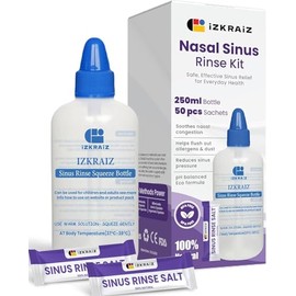 Nasal Rinse Kit – 250ml Squeeze Bottle + 50 Salt Sachets | Natural Sinus Cleanser for Allergy Relief & Nasal Hygiene – Drug-Free, PH Balanced – Safe for Adults & Kids 2+