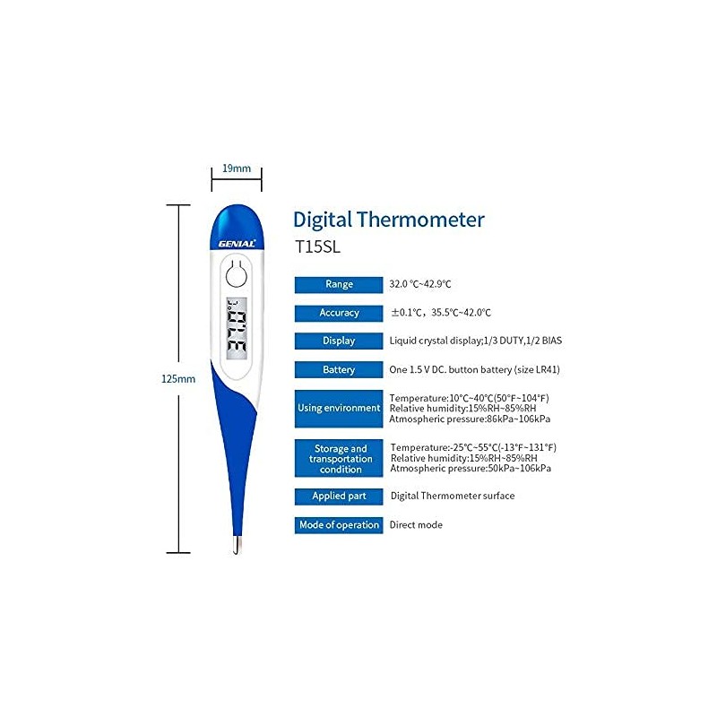 Flexible and Digital Medical Thermometer - Measurements: Buccal, Axillary and