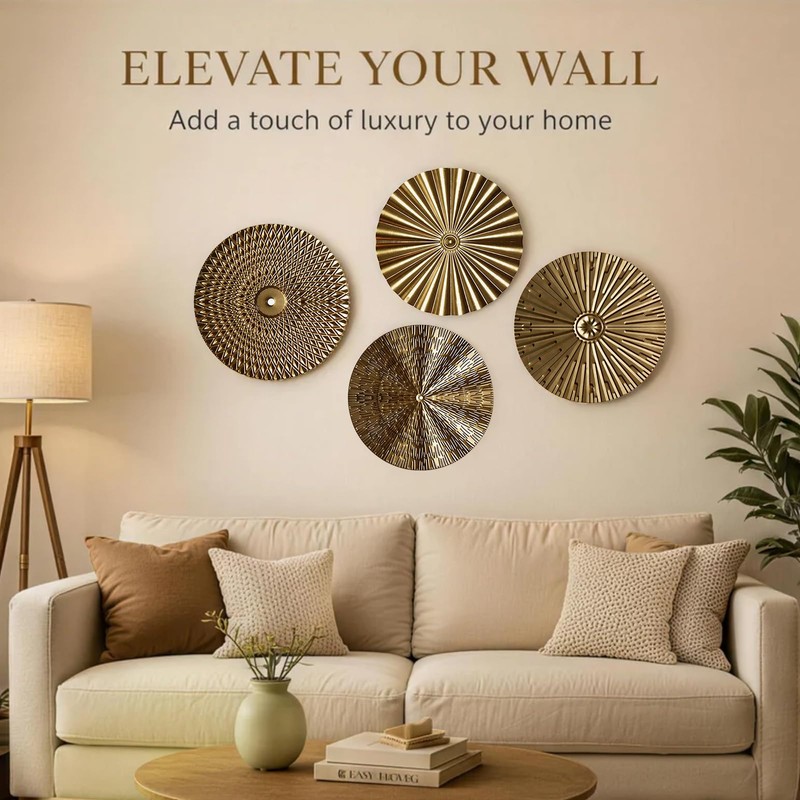 4 Pcs Luxury Gold Round Metal Wall Art, Modern Metal