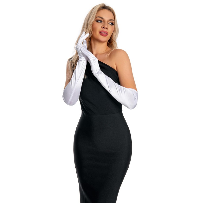 chrumeshi Long White Satin Opera Elbow Gloves Women Formal Silk