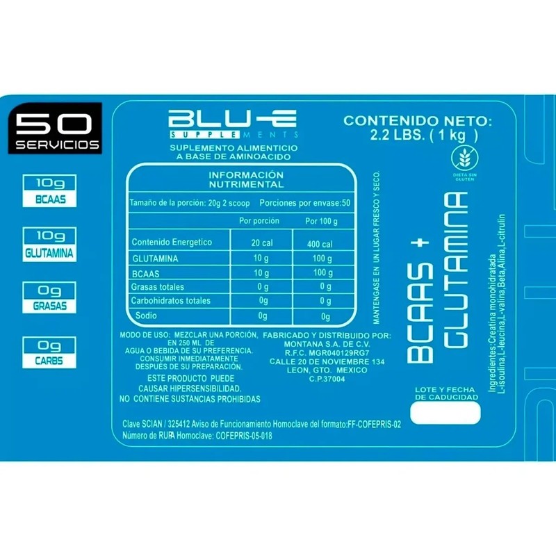 Aminoácidos Bcaas Glutamina Blu-e 1kg Varios Sabores