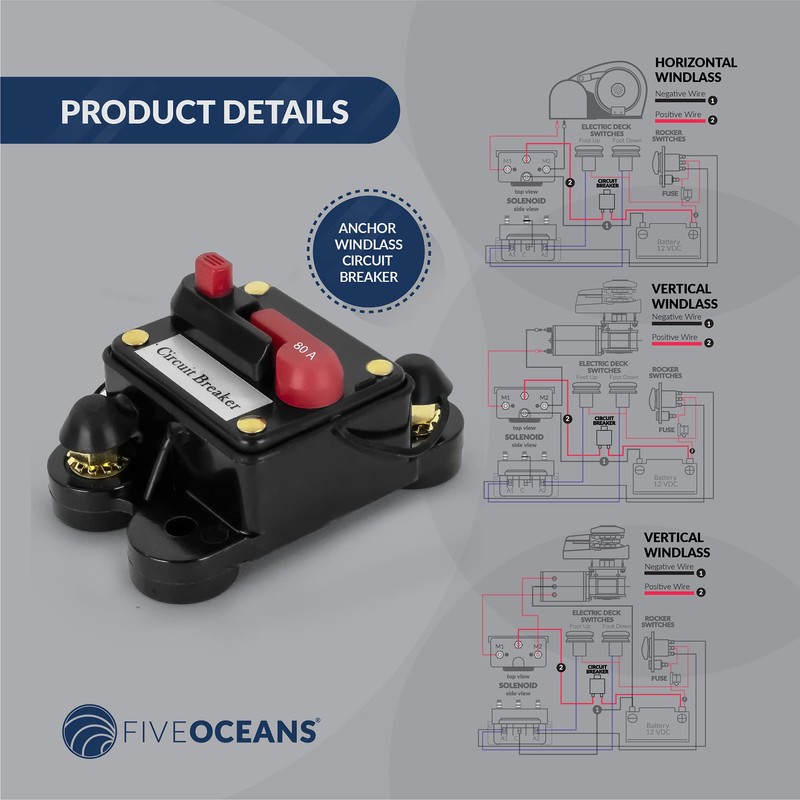 Five Oceans 80 Amps Anchor Windlass Marine Circuit Breaker with