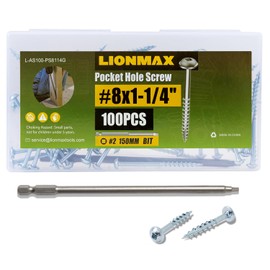 LIONMAX Pocket Hole Screws 1-1/4 Inch, 100 PCS Interior Pocket Screw #8 x 1-1/4"", Coarse Thread, Square Drive, Washer Head, Zinc Plated Pocket Hole Screws, 150MM Drive Bit Included, 1.25 inches