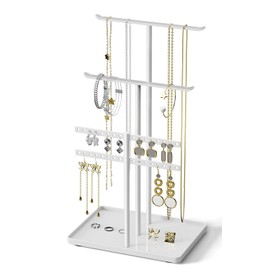 pickpiff Jewelry Stand Organizer, 14.5" Tall Sturdy Metal, 3-TierJewelry Holder for Necklace, Earring, Bracelet, Ring, Hanger for Display and Storage, Aesthetic Room Decor, White