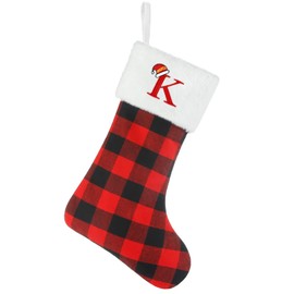Senneny Christmas Stockings with Initials, 20 Inch Large Red Black Buffalo Plaid Monogram Xmas Stockings with White Plush Faux Fur Cuff, Christmas Decorations for Family Holiday Party, Letter K