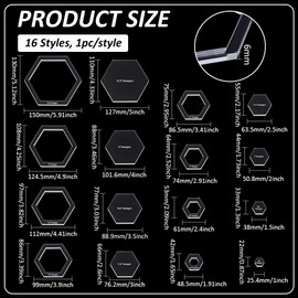 BENECREAT 16 Sizes Hexagon Quilting Template, Acrylic Intricate Sewing Machine Ruler, Transparent Pressure Plate Router Template for DIY Hand Patchwork Cutting Craft, 6mm Thick