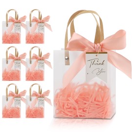 12 Pack Small Clear Plastic Gift Bags with Handles,5.12x2.76x5.91 Inch Party Favor Bags with Ribbons Raffia Paper Tags,Reusable Plastic Gift Wrap Bags for Wedding Birthday Baby Shower(Pink)