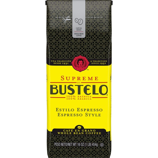 Supreme by Bustelo Espresso Style Dark Roast Whole Bean Coffee, 16 Ounces