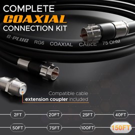 G-PLUG 150FT RG6 Coaxial Cable Connectors Set- High-Speed Internet, Broadband and Digital TV Aerial, Satellite Sky Cable Extension- Weather-Sealed Double Rubber O-Ring and Compression Connectors Black