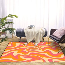 PeeNoke 1970 Wavy Swirl Seamless Orange Pink Colors Hand Drawn Seventies Style Area Rug Outdoor Patio Rug Play Mat Floor Mat Modern Carpet Non-Slip Home Decor Living Room Bedroom Nursery, 3x5 ft