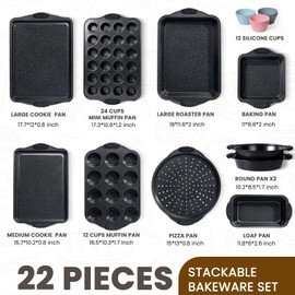 Kikcoin 22 PCS Nonstick Baking Pans Set, Stackable Bakeware Sets with Silicone Handles, 450°F Oven Safe Baking Sheet set, Easy Release Cookie Sheets for Baking, Black