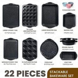 Kikcoin 22 PCS Nonstick Baking Pans Set, Stackable Bakeware Sets with Silicone Handles, 450°F Oven Safe Baking Sheet set, Easy Release Cookie Sheets for Baking, Black